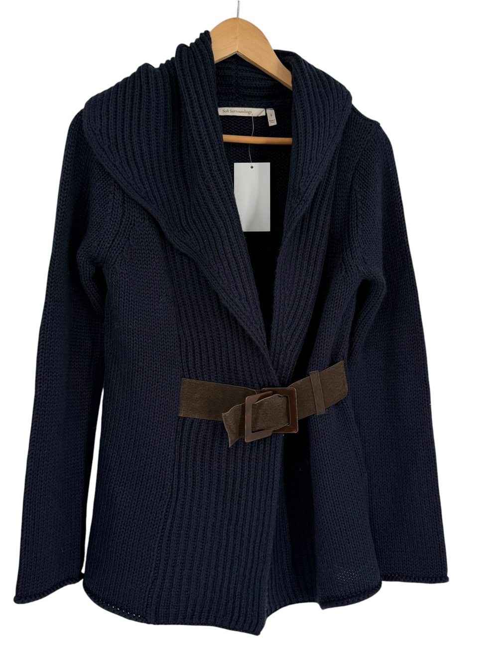 Soft Surroundings NWT Navy Blue Shawl Collar Belted Knit Cardigan Sweater Size S